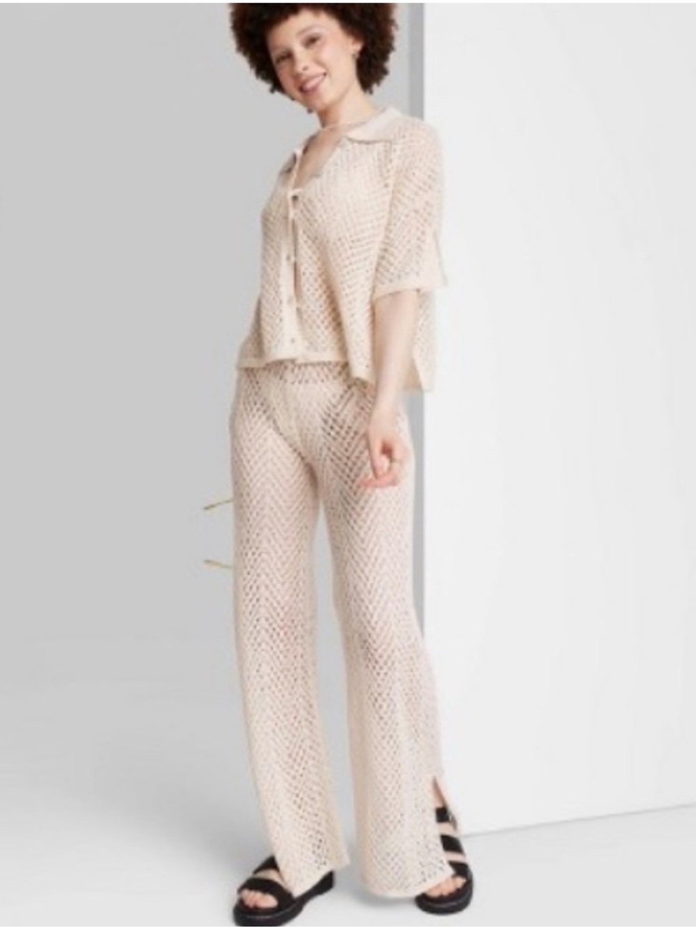 Women's Cream Crochet Wide-Leg Pants and button down shirt